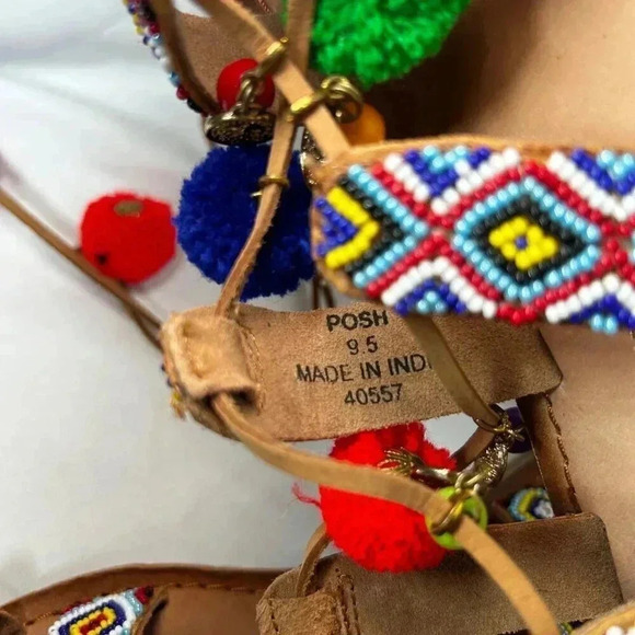 2/$30 Chinese Laundry Size 9.5 Sandals Beaded Pom Ankle Wrap Colorful Party - Picture 7 of 9